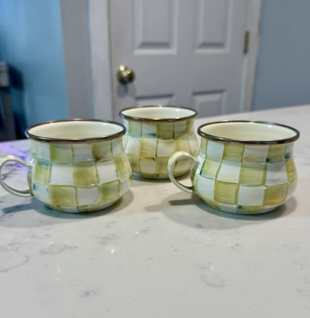Mackenzie Childs Parchment Check Set Of 3 Mugs Teacups Cups Lot READ